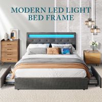 Queen Size Bed Frame Base Bedroom Mattress Furniture LED Upholstered Platform Foundation Wooden Fabric Metal with 4 Drawers