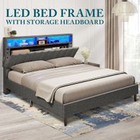 Double Size Bed Frame LED Mattress Base Bedroom Furniture Upholstered Platform Foundation Adjustable Wooden Fabric with Storage