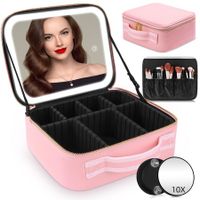 Makeup Bag Mirror LED Lighted Travel Makeup Train Case Cosmetic Bag Organizer Mirror Lights Make up Bag Light up Mirror Adjustable Divider Brush