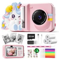 Kids Camera Instant Print, 2.5K Kids Selfie Video Unicorns Camera with DIY Glow Stickers,Print Paper, 32GB Card,Birthday Gift for Kids 4-6