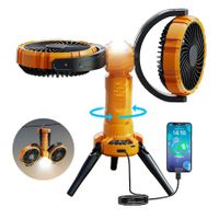 Double Head Camping Fan with LED Light, Rechargeable Battery Powered Tripod Tent Fan,270 Degree Oscillating Portable Fan 360 Degree Rotation with Hook