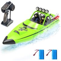 RC Boat,2.4GHz Self Righting Remote Control Boat,30KM/H Fast Speed Racing Jet Boats Gift Toy with LED Light,2 Rechargeable Batteries,Green