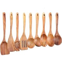 9 Piece Wooden Utensils for Cooking, Non-Stick Wooden Spoons for Cooking, Kitchen Gift Set, Comfortable Grip Wooden Utensil Set