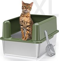 Stainless Steel Cat Litter Box XL Pet Toilet Kitty High Sided Enclosure Metal Pan Tray Potty Easy Clean 20L with Scoop Filter Pedal Green