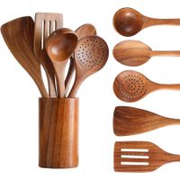 Wooden Spoons for Cooking, Cooking Utensils Set of 6 Natural Teak Wooden Cooking Spatulas with Utensils Holder, Kitchen Utensils for Nonstick Cookware