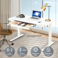 Electric Standing Desk Sit Stand Up Computer Office Furniture Motorised White Height Adjustable Table with Storage Tempered Glass Top Wireless USB