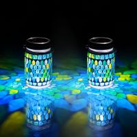 2 Pcs Mosaic Solar Lanterns Outdoor Waterproof Jar Lights Solar Powered, Hand Paste 141 Crystal Mosaics Table Hanging Garden Backyard Decor Lamps, Blue