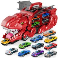 Truck Toys for Age3+ Boys,Toys Cars Track Set Dino Transporter Truck with 10 Die-Cast Car Toys,Toddler Car Toys Set for Kids Boys Girls,Red