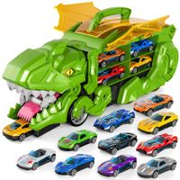 Truck Toys for Age3+ Boys,Toys Cars Track Set Dino Transporter Truck with 10 Die-Cast Car Toys,Toddler Car Toys Set for Kids Boys Girls,Green