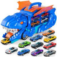 Truck Toys for Age3+ Boys,Toys Cars Track Set Dino Transporter Truck with 10 Die-Cast Car Toys,Toddler Car Toys Set for Kids Boys Girls,Blue