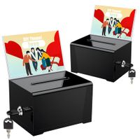 2 Pack Black Acrylic Donation Box for Fundraising Suggestion Box with Slot and Lock Plastic Ballot Box with Sign Holder Storage Container