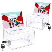 2 Pack Acrylic Donation Box with Lock and Sign Holder Clear Ballot Box with Slot Plastic Suggestion Box Storage Container Clear