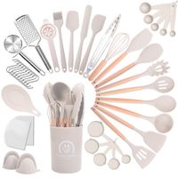 Silicone Cooking Utensils Set, 43Pcs Non-Stick Heat Resistant Kitchen Utensils Spatula Set with Wooden Handle for Baking, Cooking (Khaki)