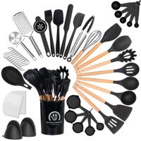 Silicone Cooking Utensils Set, 43Pcs Non-Stick Heat Resistant Kitchen Utensils Spatula Set with Wooden Handle for Baking, Cooking (Black)