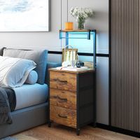 3 Drawer Bedside Table LED Nightstand Bed Side Night Lamp Stand End Cabinet Storage Shelf Rack Bedroom Furniture Metal Wooden with Charging Station