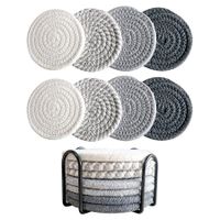 Grey 8 Piece Drink Coasters with Holder Minimalist Cotton Woven 4 Colors Absorbent Set for Home Decor & Tabletop Protection