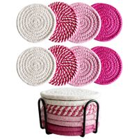 Pink 8 Piece Drink Coasters with Holder Minimalist Cotton Woven 4 Colors Absorbent Set for Home Decor & Tabletop Protection