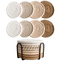 Flax 8 Piece Drink Coasters with Holder Minimalist Cotton Woven 4 Colors Absorbent Set for Home Decor & Tabletop Protection