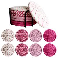 Polka Dot Pink 8 Piece Drink Coasters with Holder Minimalist Cotton Woven 4 Colors Absorbent Set for Home Decor & Tabletop Protection