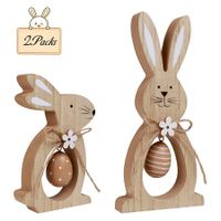 2Pcs Easter Decorations for the Home Farmhouse Rustic Wooden Bunny with Egg Easter Tiered Tray Decor Happy Spring Decoration