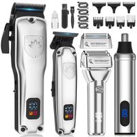 Professional Cordless Hair Clippers Trimmer Grooming Set for Men T-Shaper Trimmer & Foil Shaver Nose & Ear Hair Trimmer with LED Display-Silver