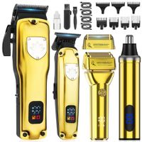 Professional Cordless Hair Clippers Trimmer Grooming Set for Men T-Shaper Trimmer & Foil Shaver Nose & Ear Hair Trimmer with LED Display-Gold