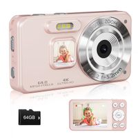 Digital Camera,Autofocus 4K 64MP Point and Shoot Digital Cameras with 64GB Card,18X Zoom Anti-Shake Compact Video Camera,Pink