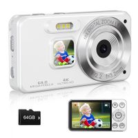 Digital Camera,Autofocus 4K 64MP Point and Shoot Digital Cameras with 64GB Card,18X Zoom Anti-Shake Compact Video Camera,White