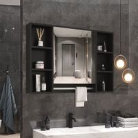 Bathroom Mirror Cabinet Medicine Shaver Shelves Shaving Wall Cupboard Organiser Storage Floating Vanity Furniture With Door Black 90x12x65cm