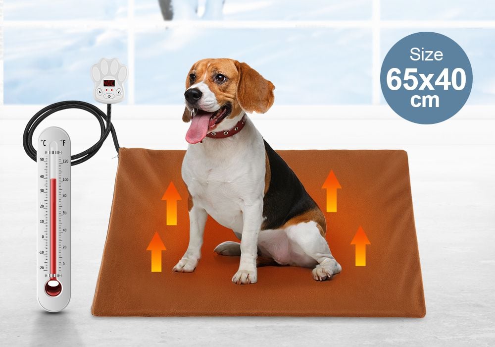 Pet Heating Pad Dog Cat Electric Heated Mat Puppy Heater Blanket Heat Bed Waterproof Cover 65x40cm Brown