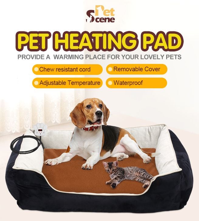 Pet Heating Pad Dog Cat Electric Heated Mat Puppy Heater Blanket Heat Bed Waterproof Cover 65x40cm Brown