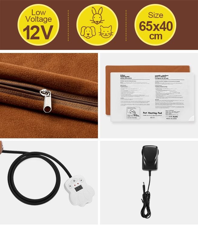 Pet Heating Pad Dog Cat Electric Heated Mat Puppy Heater Blanket Heat Bed Waterproof Cover 65x40cm Brown
