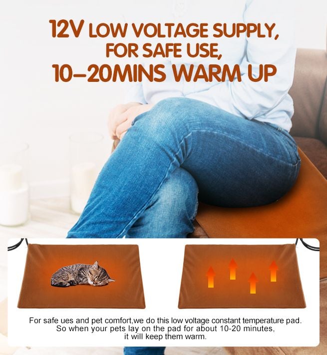 Pet Heating Pad Dog Cat Electric Heated Mat Puppy Heater Blanket Heat Bed Waterproof Cover 65x40cm Brown
