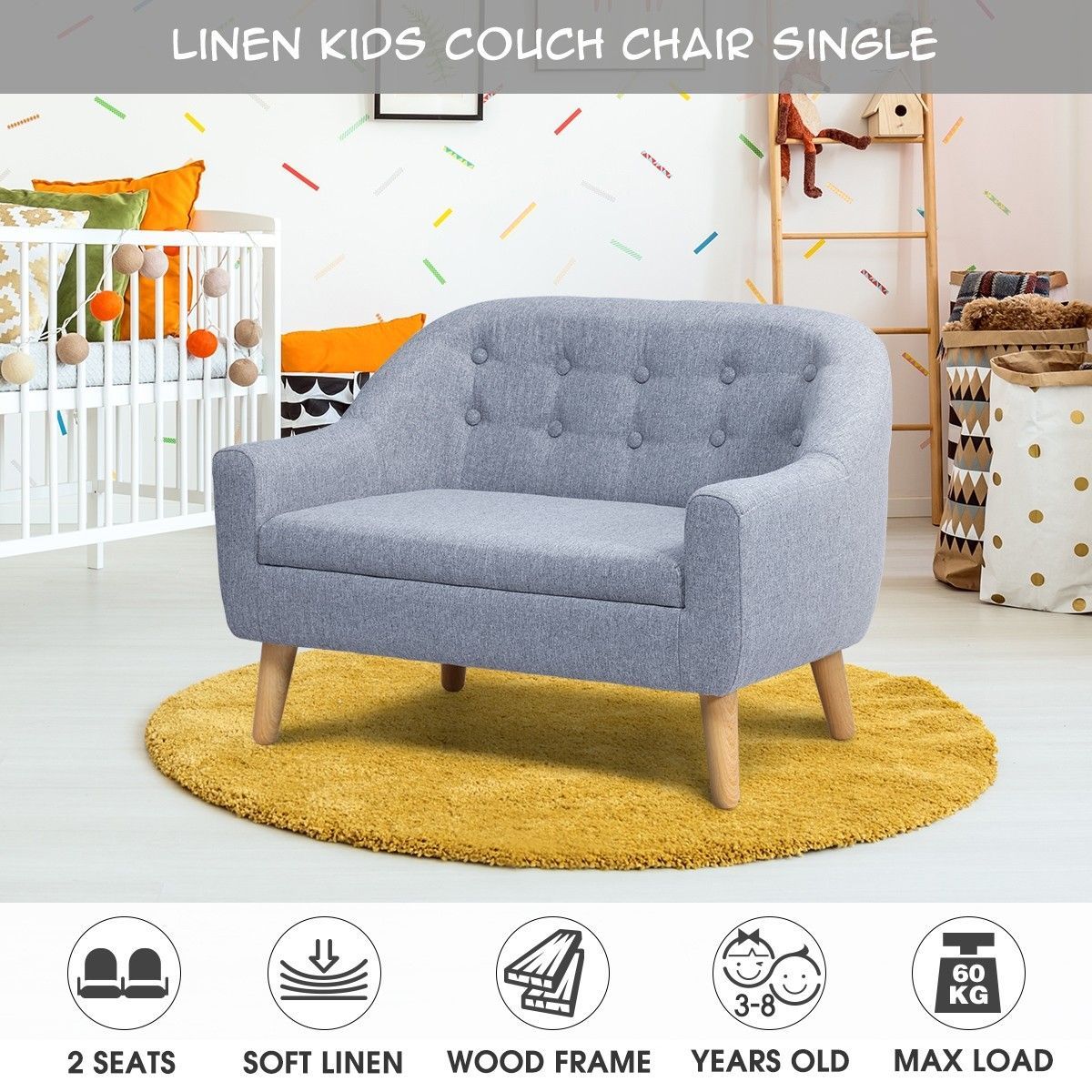 Kidbot Kids Sofa Armchair Children Lounge Chair Linen Fabric Tufted Soft Couch Double