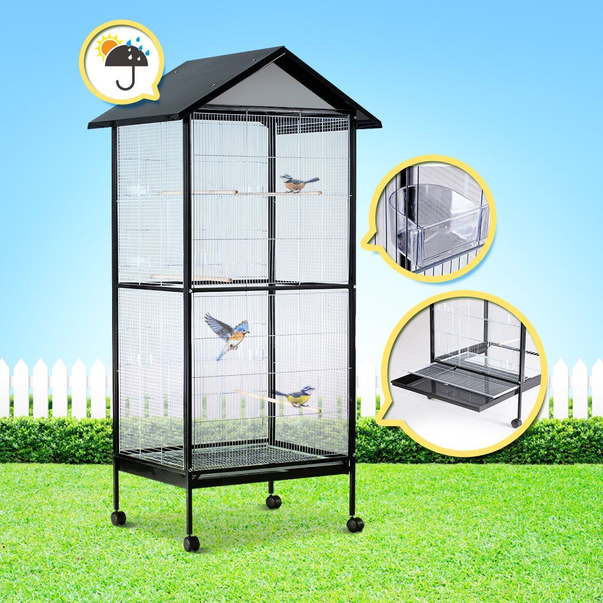 Large Bird Cage Parrot Pet House Canary Budgies Home Aviary Perch Indoor Outdoor Stand Alone Apex Roof & Wheels 185cm