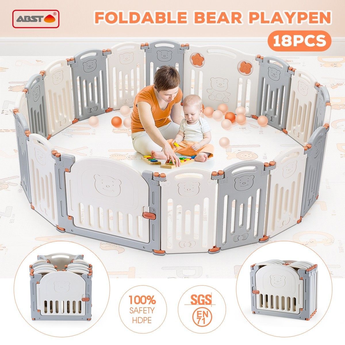 ABST 18 Sided Foldable Panel Baby Playpen Interactive Baby Room Kids Safety Gates Bear