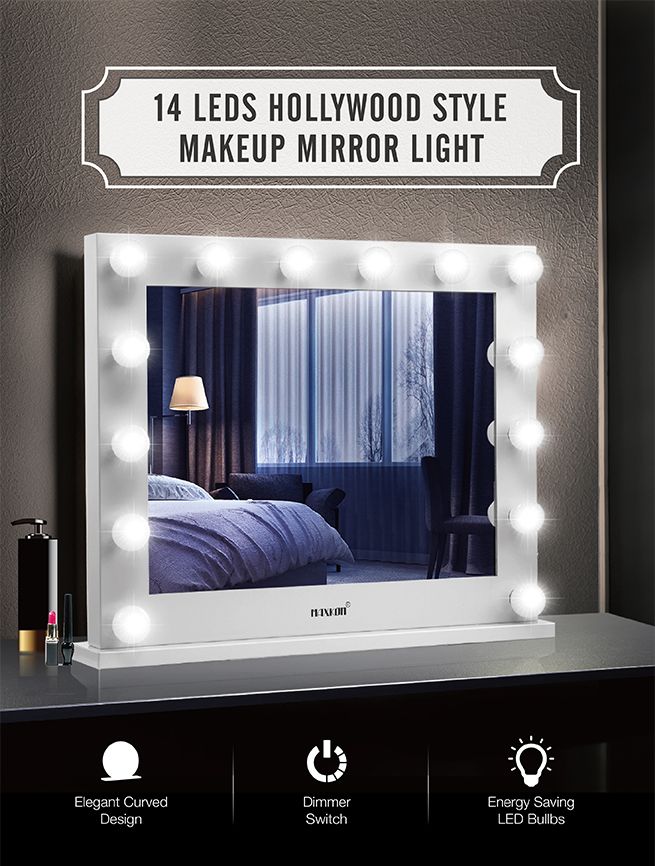 Maxkon Hollywood Style Makeup Mirror 14 LED Lights Vanity Mirror w/Dimmer Control White