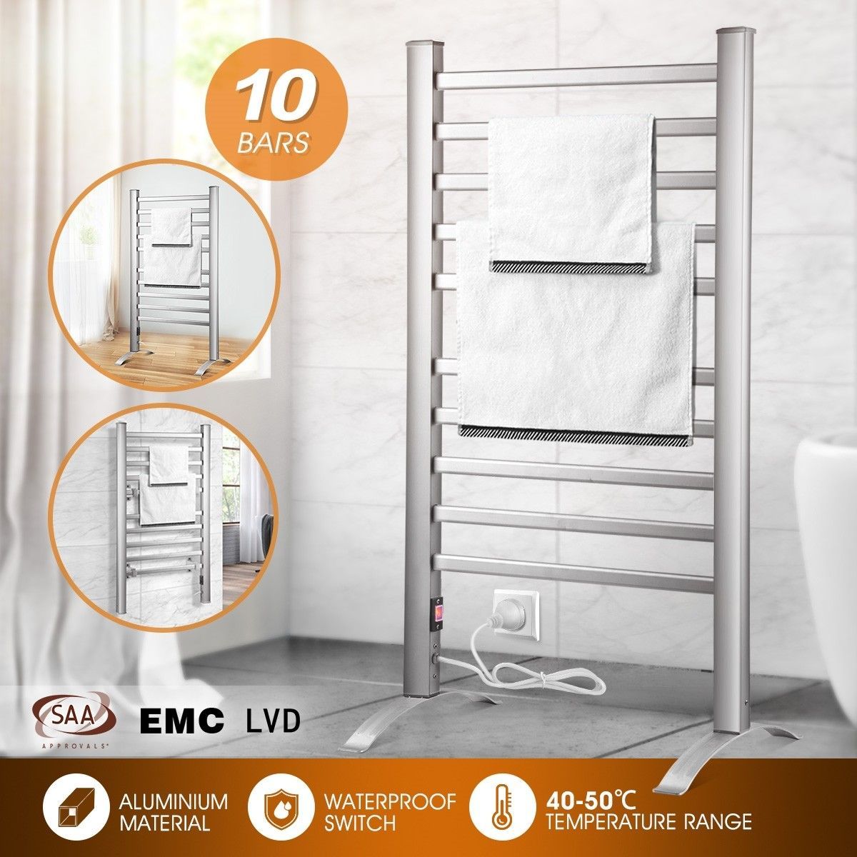 2-in-1 Electric Heated Towel Rail Bathroom 10 Bars Rack Warmer Free Standing Wall Mount