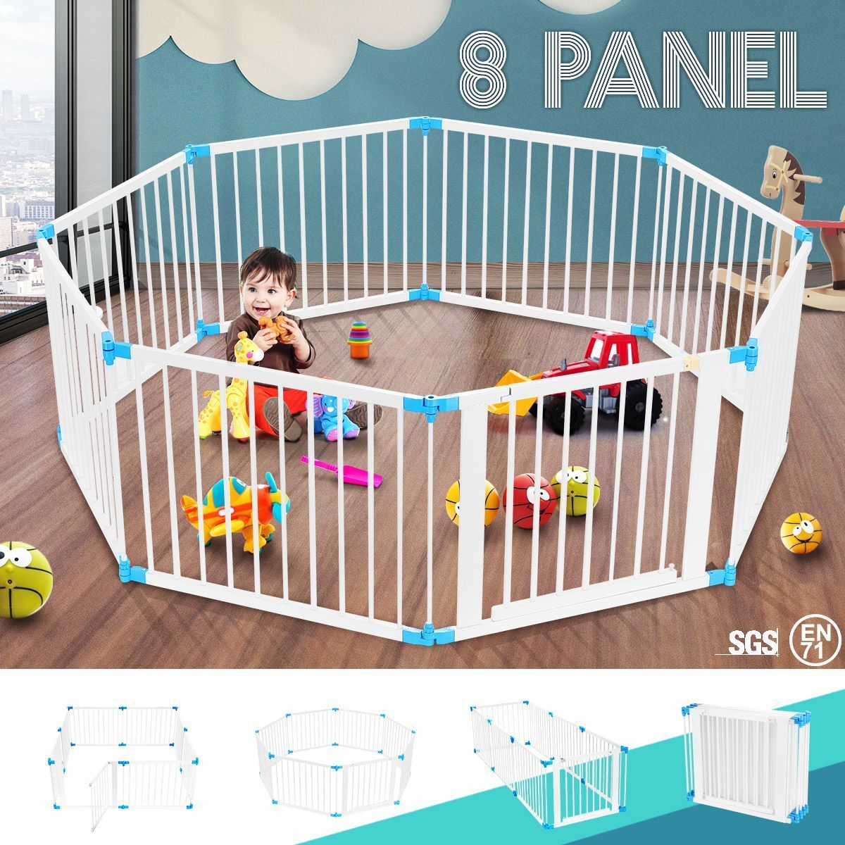 White Wooden Baby/Pet Playpen 8 Panels Lockable Door Adjustable Shape