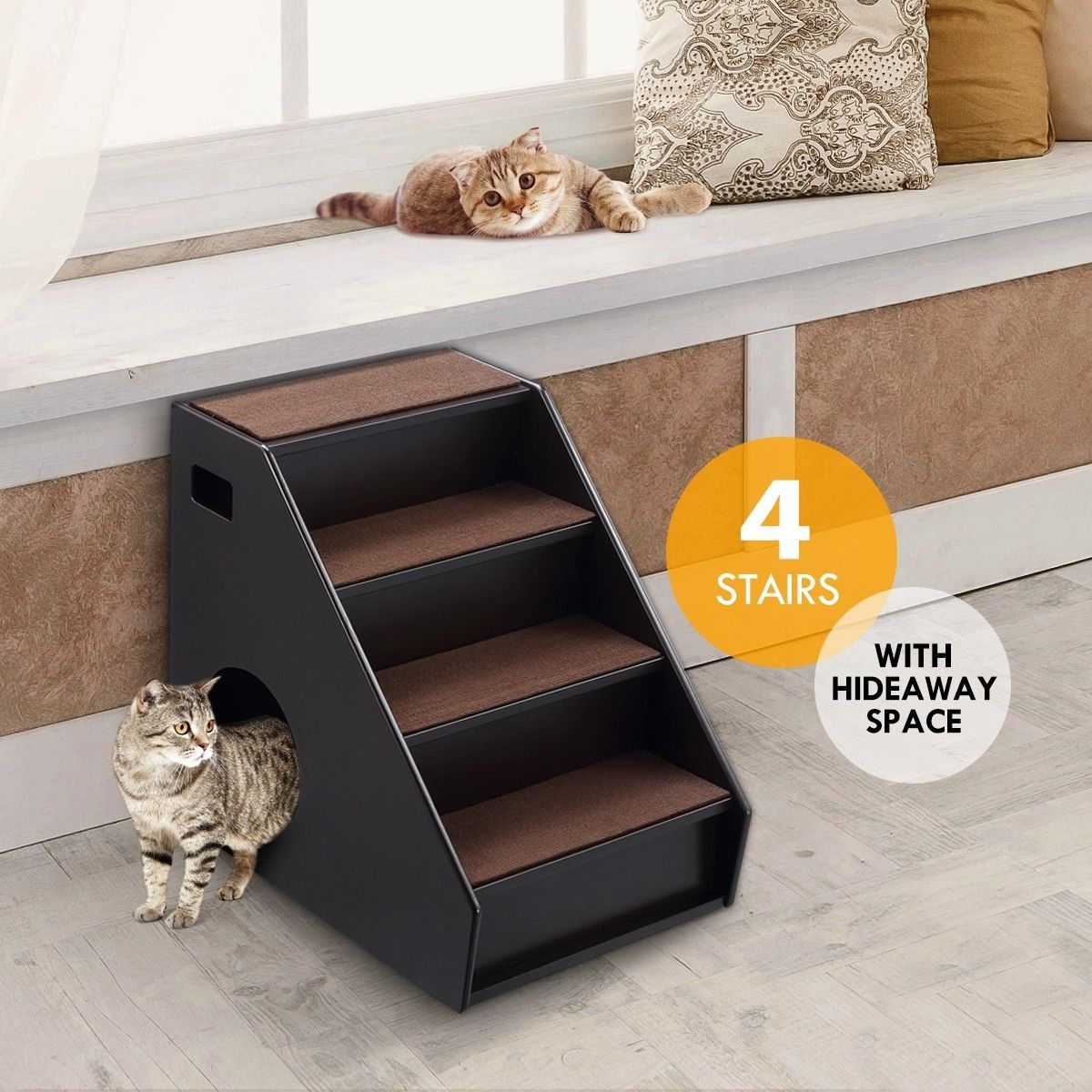Wooden 4 Steps Dog Cat Stairs Pet Ramp Folding Doggy Ladder W/ Hideaway Space