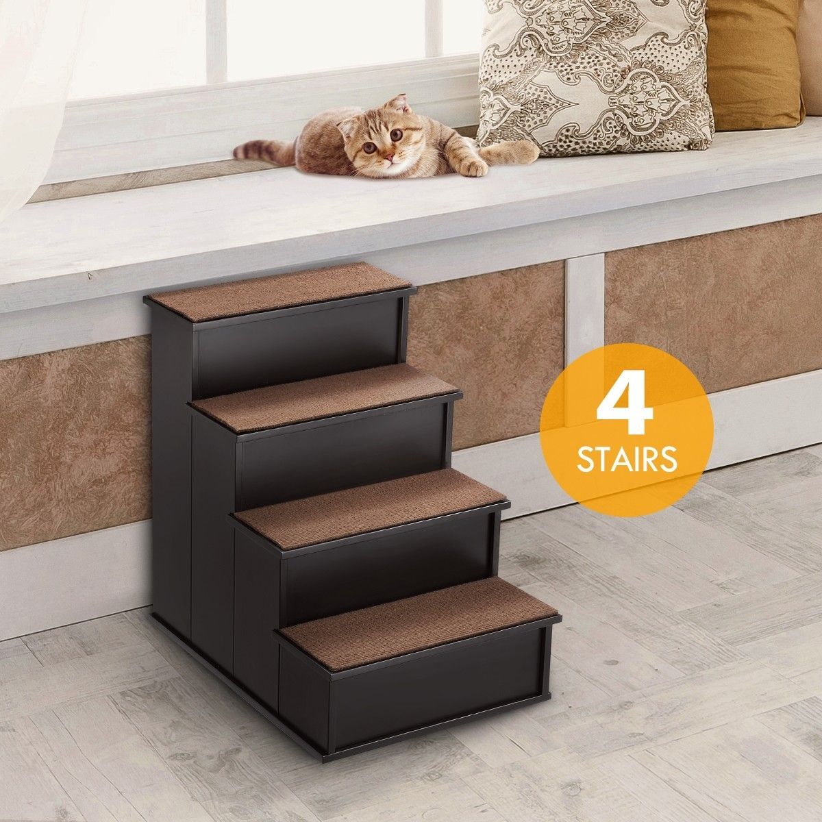 Wooden 4 Steps Dog Cat Stairs Pet Ramp Folding Doggy Ladder