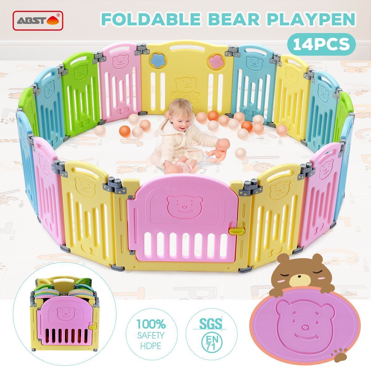 ABST 14 Sided Panel Kids Baby Playpen Interactive Baby Room Foldable Safety Gates Bear Design