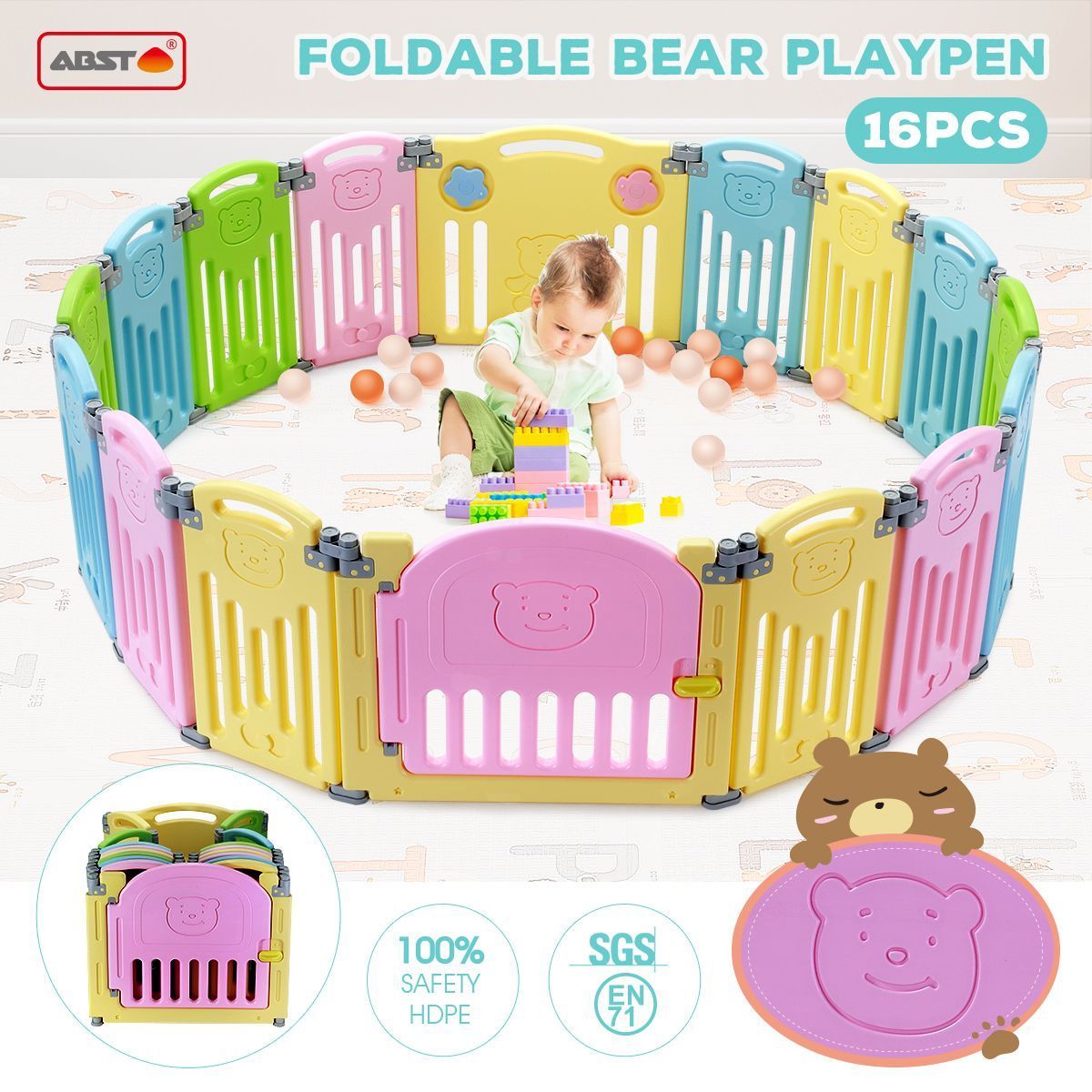 ABST 16 Sided Panel Kids Baby Playpen Interactive Baby Room Foldable Safety Gates Bear Design