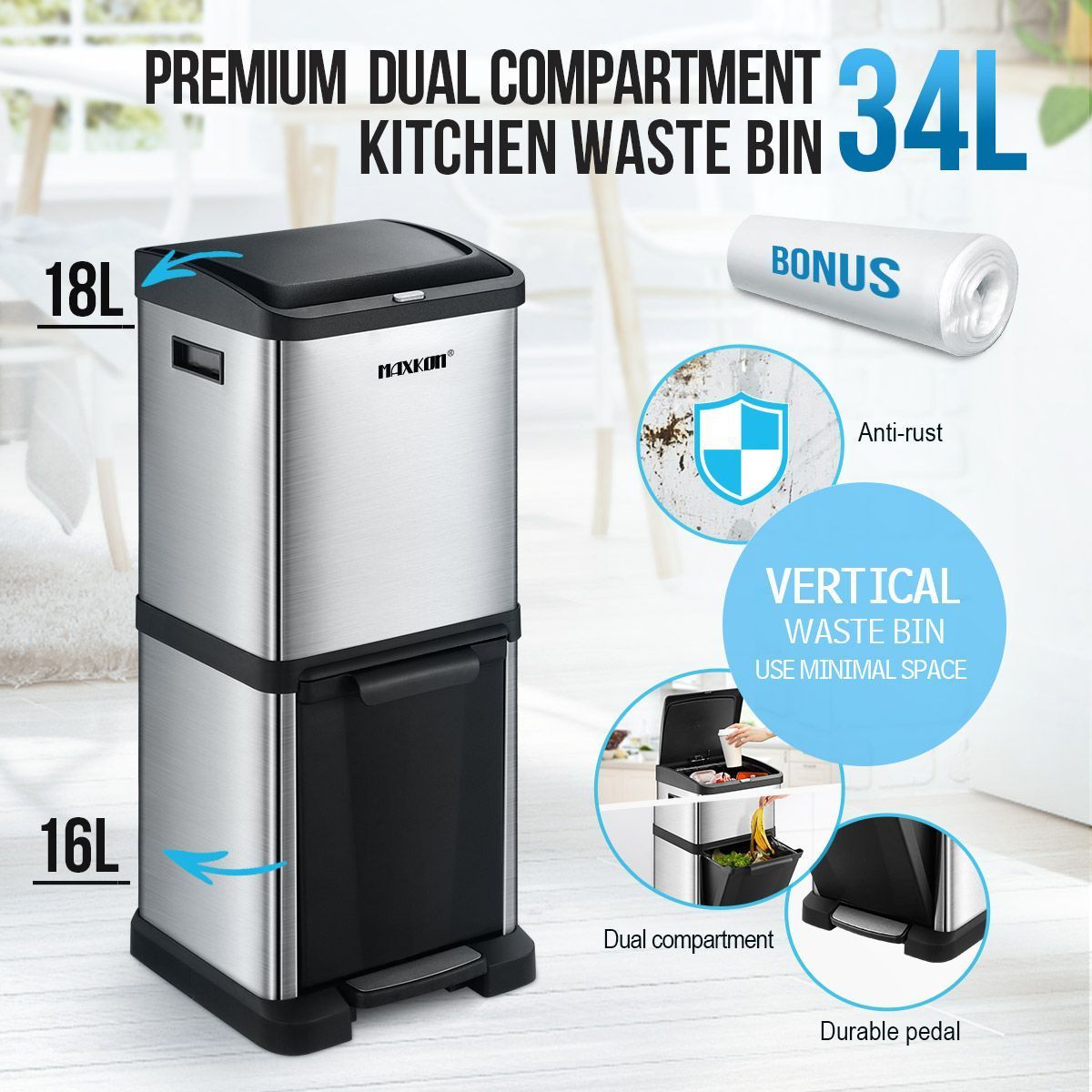 34L Rubbish Bin Pedal Dustbin Kitchen Waste Garbage Trash Can Household Stepbin Dual Two Layer Press Top