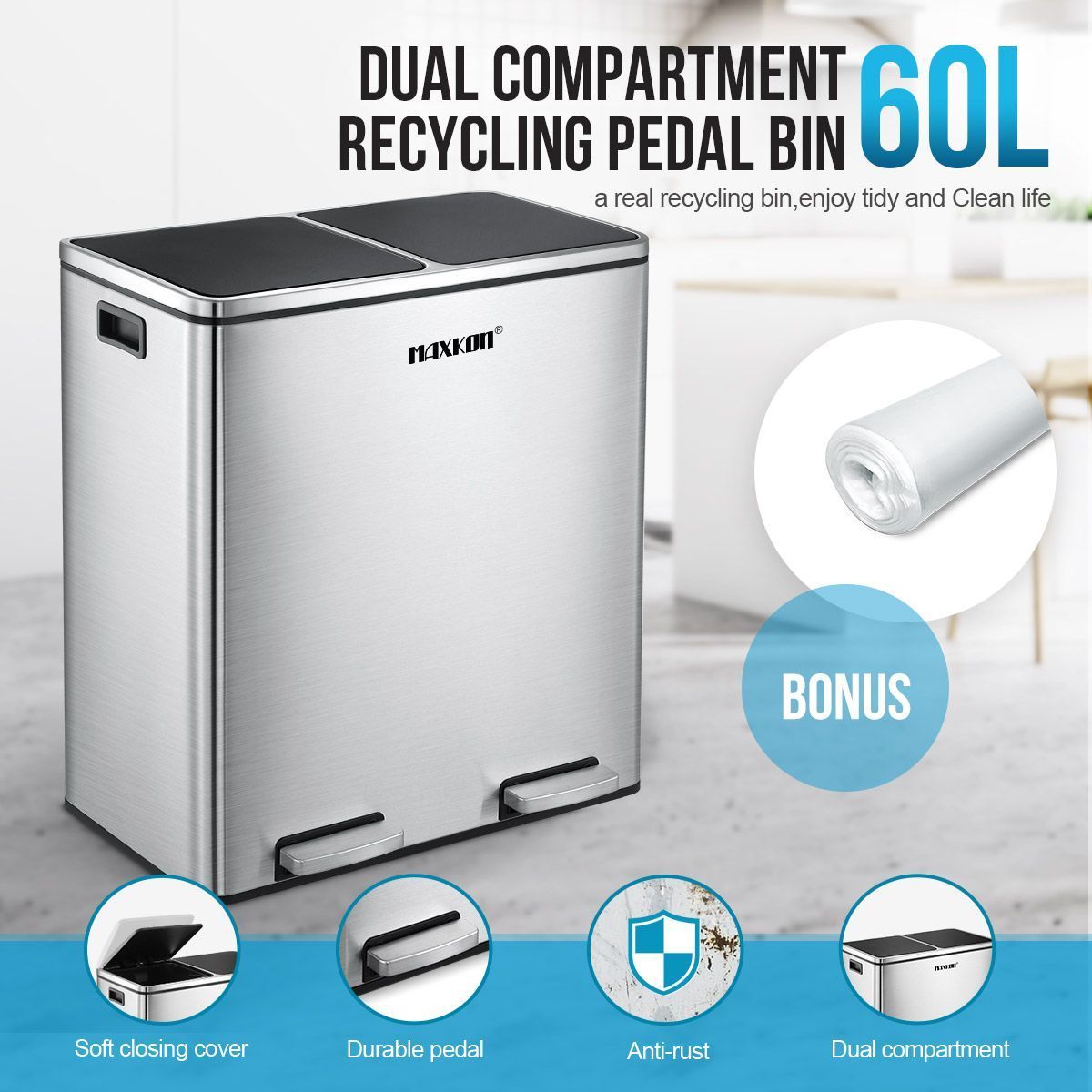 60L Rubbish Bin Dual Compartment Dustbin Pedal Recycling Trashcan Kitchen Waste Garbage Stainless Steel