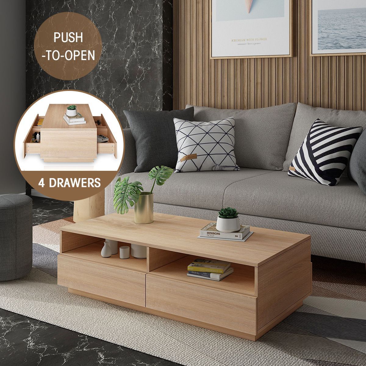 Modern Coffee Table Oak Finish 4 Drawers 4 Shelves