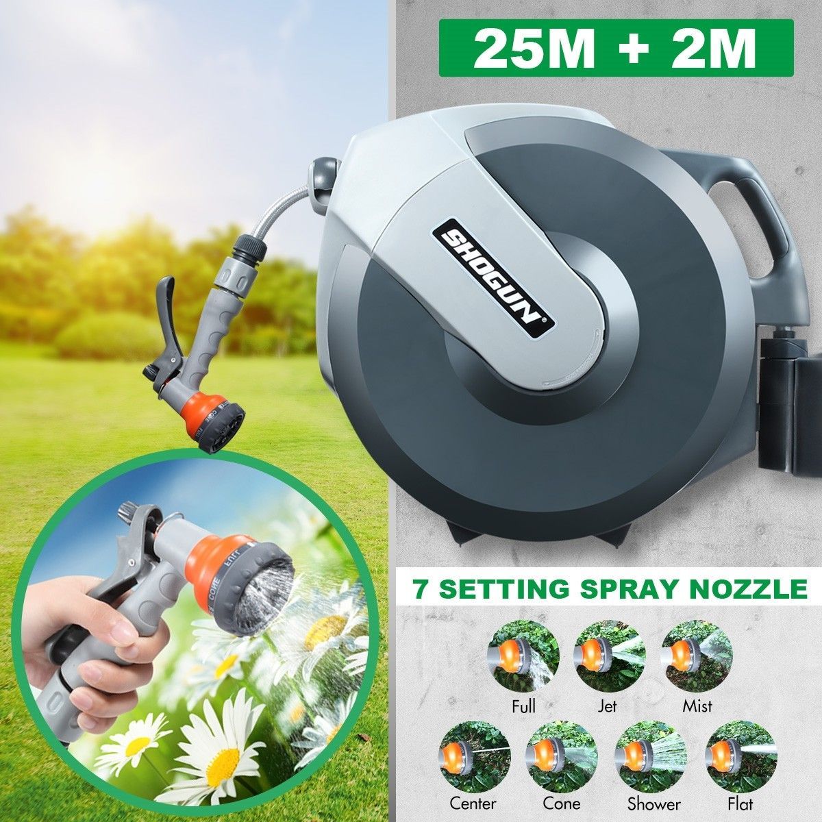 Wall Mount Garden Hose Reel High Pressure Hose Nozzle Self Coiling 7 Modes-25m