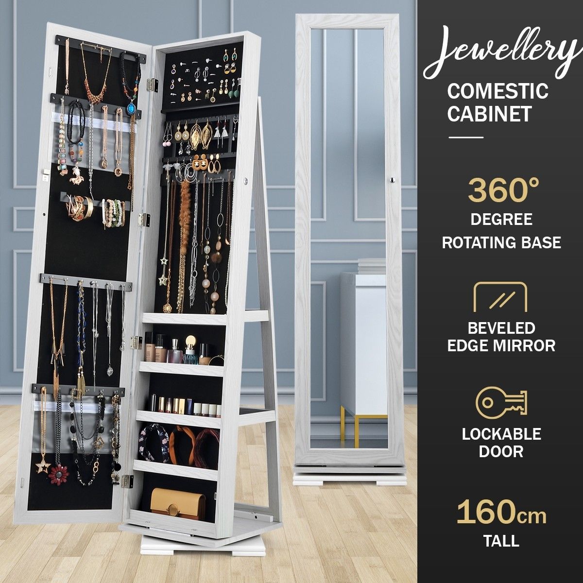 360 Degree Rotatable Mirror Jewellery Cabinet with Necklace Earring Ring Holders