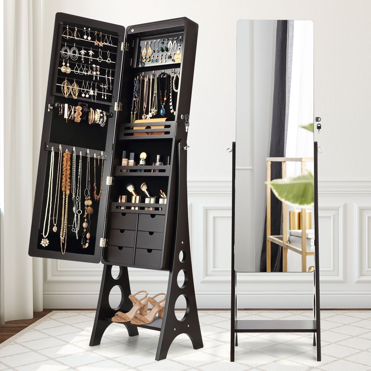 Versatile Mirror Jewellery Cabinet Auto LED light-Brown