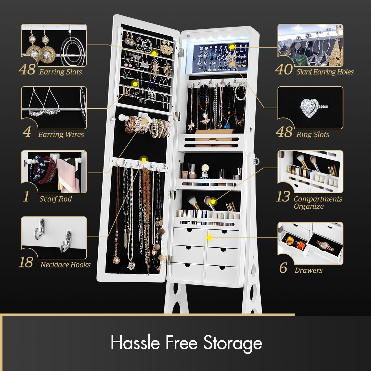 Versatile Mirror Jewellery Cabinet Auto LED light-White
